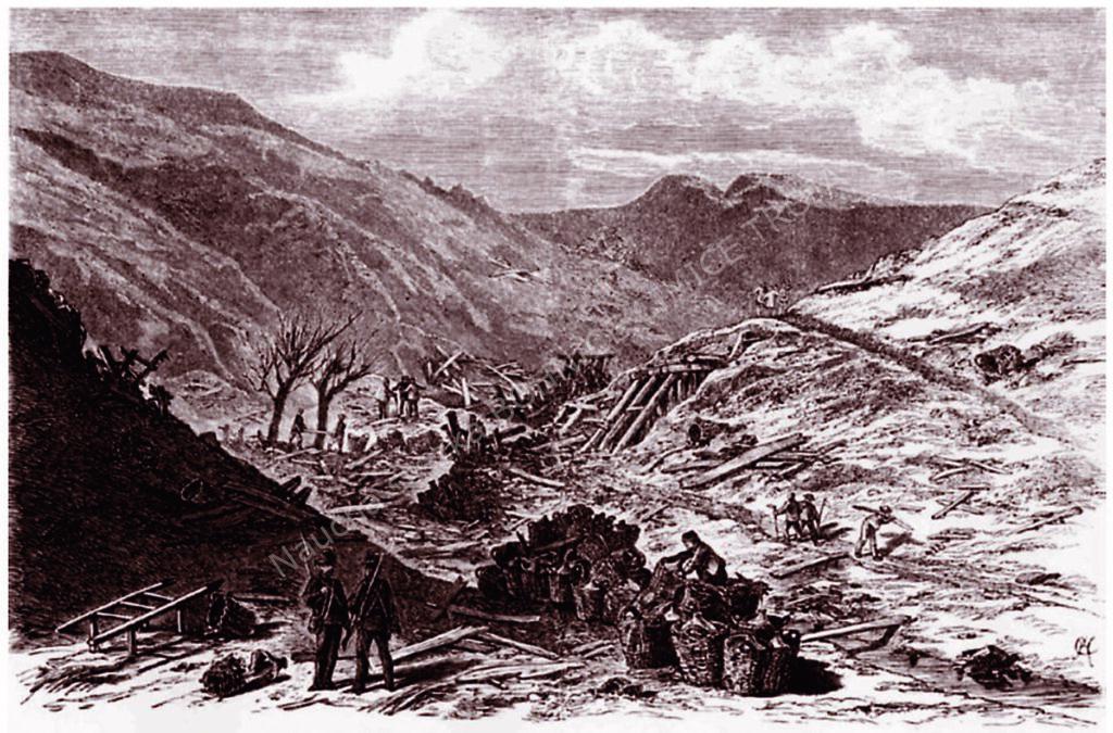 Ilustrace stavu údolí a prozatímních budov továrny po výbuchu ze 7. listopadu 1870