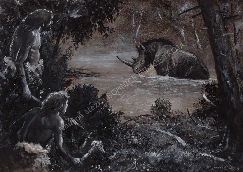 praveci lovci pozoruji srstnateho nosorozce